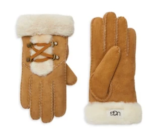 UGG LACED SHEEPSKIN CHESTNUT GLOVES S - Picture 1 of 2