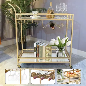 ACA Drinks Trolley Bar Serving Cart Metal Frame & Glass Shelf Home Gold Square - Picture 1 of 6