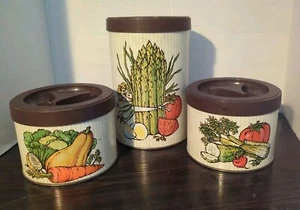 Set Of 3, Ballonoff Tin Canisters Vegetable Design, Brown Lid, MCM, VTG 1960s - Picture 1 of 23