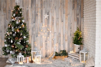 9X6FT Rustic Wood Planks Wall Xmas Tree Vinyl Backdrop Photo Background - Image 1 of 4