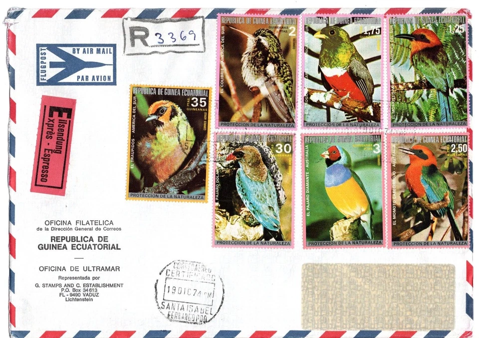 Stamps Equatorial Guinea, registered express FDC Birds to Madrid 1974 - Image 1 of 2