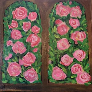 Rose Garden Window Original acrylic Painting 12 x 12" canvas Unframed - Picture 1 of 4