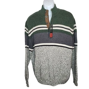 NEW Mens Chaps Mock Neck Sweater XL Green Gray Stripe Heavy Cotton Preppy - Picture 1 of 4