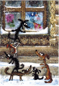 DOGS PEEPING IN THE WINDOW TO SEE HUGGING CATS Russian card by R.Zenyuk - Foto 1 di 1