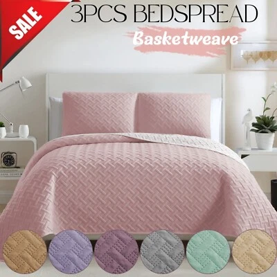 3 Piece Quilted Embossed Bedspread Bed Cover Throws Cosy Double King Bedding Set - Image 1 of 4