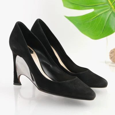 Vintage Christian Dior Womens Pump Size 38 8 Black Suede Mirror Wedge Heel Shoes - Image 1 of 4