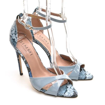 Ladies Simmi London X-Strap Pumps 38 / 7.5 Blue Patent Snake Print Heels Shoes - Image 1 of 4