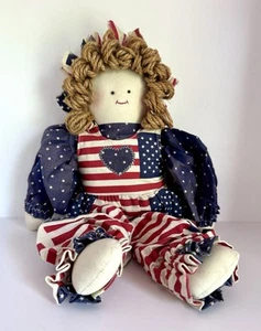 Vintage 14 Zoll handgefertigte Americana Volkskunst Stoffpuppe Garn Haare patriotisch Bauernhaus Dekor - Bild 1 von 11