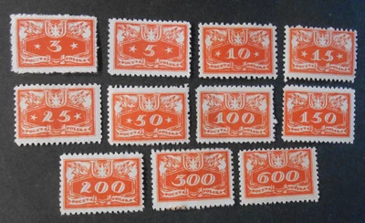 POLONIA,POLAND,POLSKA, 1920  Cifra del valore tra 2 stelle 11 Valori cpl set MH* - Imagem 1 de 2