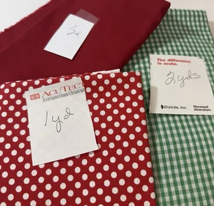 Assorted 3 Pieces of Fabric Red Polka Dots and Green Checked  3 1/2 Yards Total - Picture 1 of 7