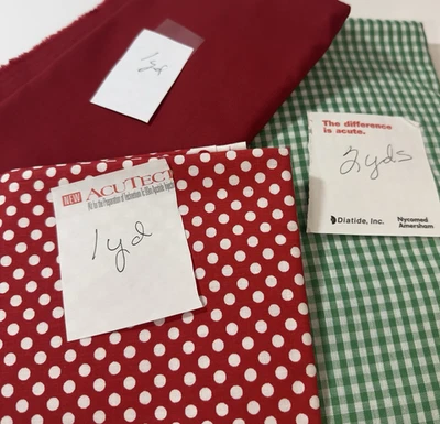 Assorted 3 Pieces of Fabric Red Polka Dots and Green Checked  3 1/2 Yards Total - Image 1 of 4