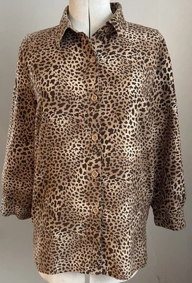 Blusa Studio Works Grande Estampado Leopardo 3/4 Slvs Suave Imitación Gamuza Carrera Clásica Foto 1 de 4