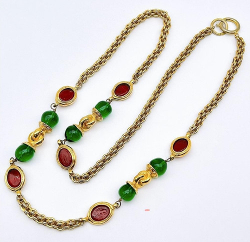 Collana vintage CHANEL catena Gripoix rossa e verde tono oro 32 6 pollici
