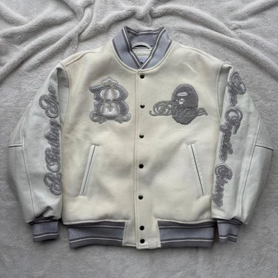 Bape Cream Wool & Leather Multi Logo Patch Varsity Jacket -$1785 - New Authentic - Image 1 of 4