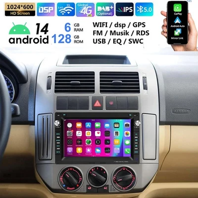 For VW Polo 9N Golf 4 Passat B5 T5 6+128G Android14 Car Stereo Carplay GPS AM 4G - Image 1 of 4
