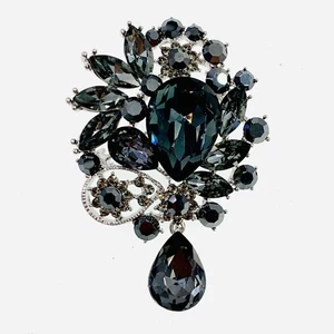 USA BROOCH PIN use Swarovski Crystal Gemstone Wedding Bridal Black Gray Dangle - Picture 1 of 5