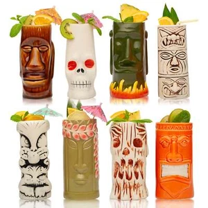 Ceramic Tiki Mugs, Set of 8 - 18-23.5oz - Perfect for Exotic Cocktails, Iced Tea - Picture 1 of 11