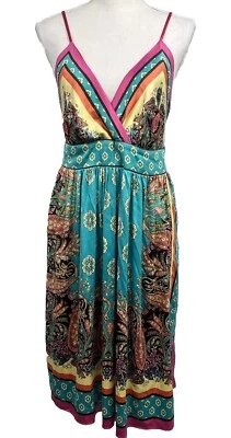 Nicole Miller Placed Paisley Empire Dress Teal Pink Orange 14 EUC - Image 1 of 4