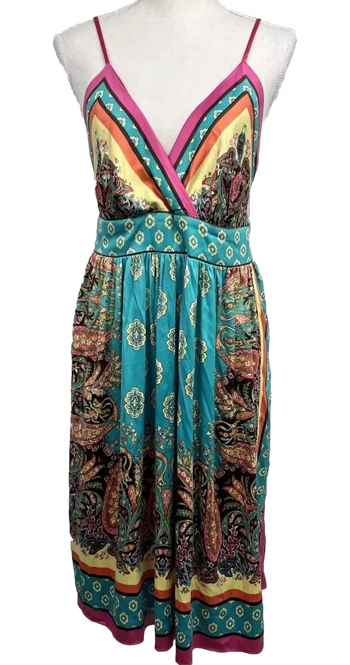 Nicole Miller Placed Paisley Empire Dress Teal Pink Orange 14 EUC - Image 1 of 4