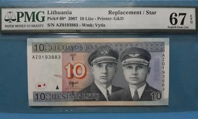 2007 Lithuania 10 Litu PMG67 EPQ SUPERB GEM UNC  <P-68*> "Replacement" - Image 1 of 2