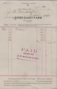 1901 Billhead Jones Milchfarm nach H. H. Morris & Sohn - Fort Atkinson, Wisconsin - Bild 1 von 5