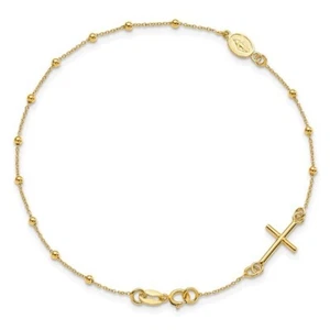 Real 14kt Yellow Gold Polished Cross Rosary 7.5 inch Chain Bracelet; 7.5 inch - Picture 1 of 4