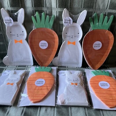 NEW MERI MERI Easter Bunny 🐰 & Carrot 🥕 48 Plates 80 Napkins Party 2017 Rare - Image 1 of 4