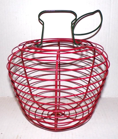 Vintage Red Apple Wire Egg Basket with Green Leaf Handle Retro Hanging Bowl Cover