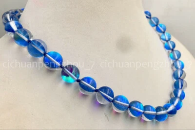 Collar de cuentas redondas de piedras preciosas de piedra lunar arco iris azul brillante de 18"" 6/8/10/12 mm Foto 1 de 4