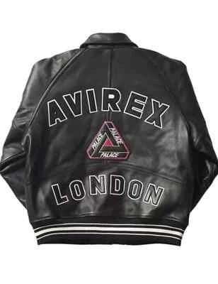 Jaqueta de couro Avirex Palace masculina preta Varsity Bomber | Motor de couro bovino feito à mão - Imagem 1 de 3