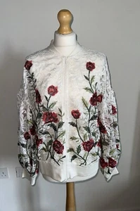 ANNE FONTAINE CASUAL PARIS ROSE PRINTED WHITE INTRICATE LACE BOMBER JACKET SZ 44 - Picture 1 of 9