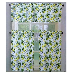 Tribeca Cafe Curtain Set Lemon Print 3 Piece Tier Set Fruit Floral White Yellow - Picture 1 of 13