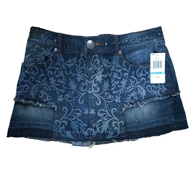 XOXO Women's Size 5/6 Denim Jean Distressed Embroidered Beaded Mini Skirt Y2K - Image 1 of 4