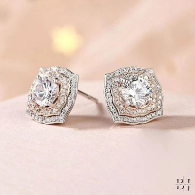 3 CT Round Cut Moissanite Stud Double Halo Earring Solid 14K White Gold For Her - Image 1 of 4