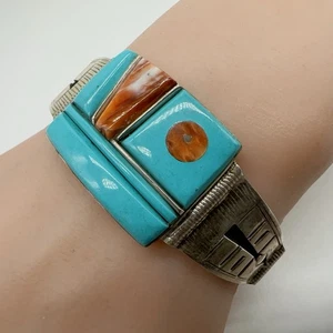Native American NG Sterling Overlay Turquoise Spiny Oyster Cuff Bracelet 41g #pj - Picture 1 of 12