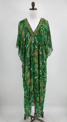 Vestido Zara Verde Cuentas Metálico Cuello en V Manga Corta Largo Caftán Talla 2XL Foto 1 de 4