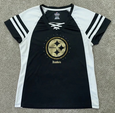 Camisa para mujer Pittsburgh Steelers extra grande negra lentejuelas con cordones manga corta Foto 1 de 4