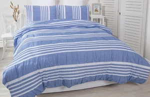 Duvet Cover Set,100% Cotton Seersucker Bedding King Blue  White Stripe Texture - Picture 1 of 9