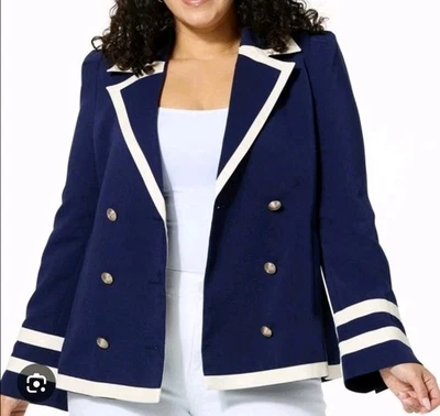 NWT kathy Ireland Faux Leather Trim Double Breast Jacket Blazer Navy Blue 2X 230 - Image 1 of 4