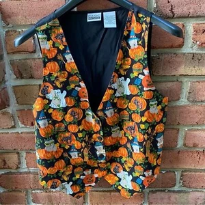 Pumpkins Teddy Bear Halloween Button Vest Fall Autumn Black Top Medium Vintage - Picture 1 of 9