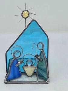 VTG STAINED GLASS & PEWTER NATIVITY SCENE FIGURINE MARY JOSEPH BABY JESUS STAR - Picture 1 of 8