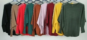 Ladies Lagenlook Batwing Sparkly Pearl Design Sleeve Comfy Ribbed Knit Jumper - Picture 1 of 18