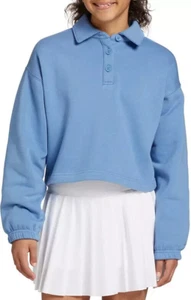 DSG Girls' Henley Fleece Sweatshirt, Basin Blue, S - Picture 1 of 3