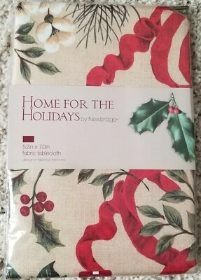 HOME FOR THE HOLIDAY fabric Tablecloth 52×70 inch Floral Red, Beige, White NEW - Image 1 of 4