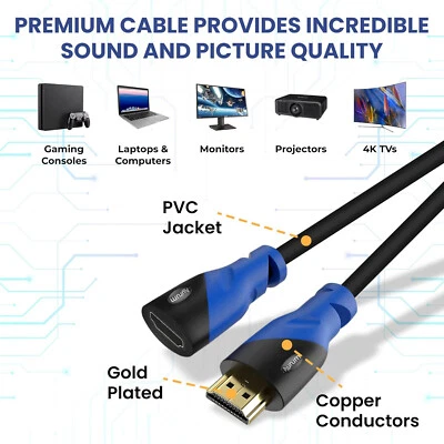 Cable de extensión Aurum Digital 4k HDMI 3 pies macho a hembra Foto 1 de 4