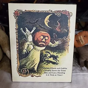 OLD PRIMITIVE VINTAGE VICTORIAN STYLE HALLOWEEN PUMPKIN HEAD GHOST MAN POEM SIGN - Picture 1 of 10