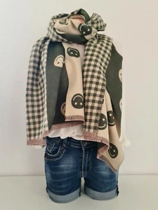 XXL Winter Wendeschal Tuch soft Viskose Wolle Smileyprint/Hahnentritt Grün/Beige - Bild 1 von 4