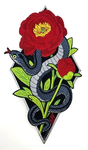 Snake in the Garden Large 12" Embroidered Iron on Patch Snake & Roses - Picture 1 of 5