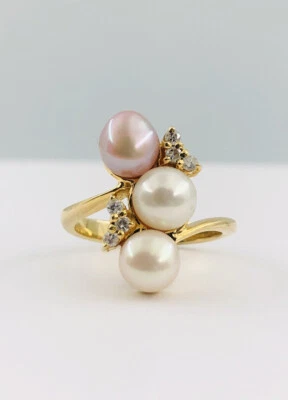 Дизайнерское кольцо из желтого золота 14 карат с многоцветным жемчугом и бриллиантом Южных морей - Изображение 1 из 4