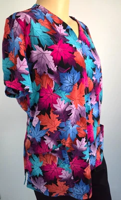 Butter-Soft Stretch XL Autumn Leaves Scrub Top Pockets Wine Royal Eggplant Teal - Image 1 of 3